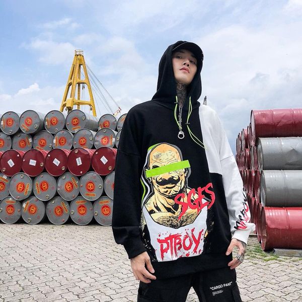 

hoodie 2019 men europe and america splice cartoon letter printing hoodie fashion trend loose hip hop pullover new style street clothing, Black