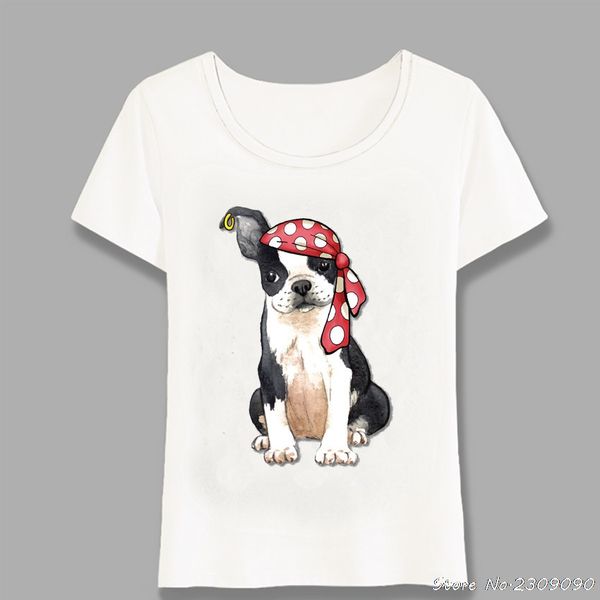

funny boston terrier pirate t-shirt summer cute women t-shirt maiden short sleeve novelty design girl casual tees harajuku, White
