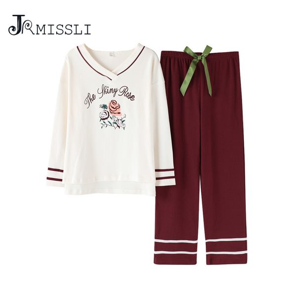

jrmissli 2019 spring women pajamas suit new long sleeve cotton autumn leisure fashion pijama flower print pajamas set, Blue;gray