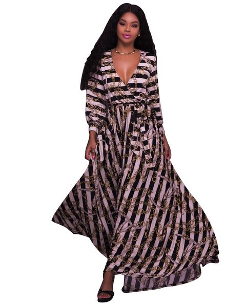 

Luxury Women Long Formal Dress Spring Deep V Sexy Fashion Chains Designer Long Sleeved Dresses