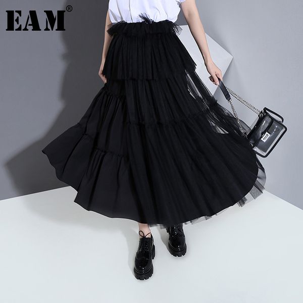 

eam] high elastic waist black ruffles mesh split joint long half-body skirt women fashion tide new spring summer 2020 1u523
