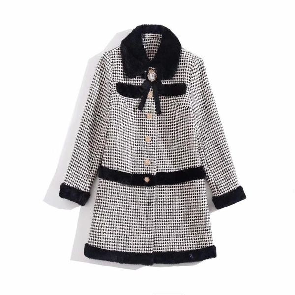 

осень 2019 новая европейская и американская женская одежда с длинными рукавами нагрудный плед элегантный однобортный пуговицы шерстяное паль, Black