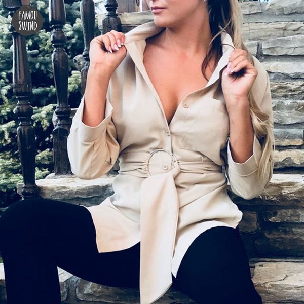 

women new blouses long autumn springcasual polyester buttons ladies elegant waist lace up fitted shirt drop shipping, White
