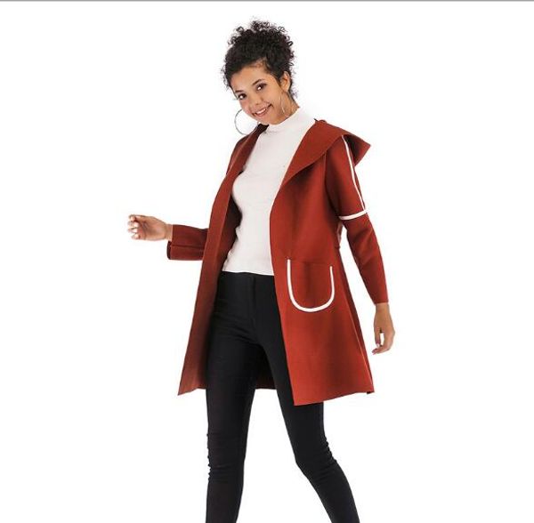 

thicken warm long winter woolen coat women fashion style contrast color double pockets open stitch outwear hooded coats mujer, Black