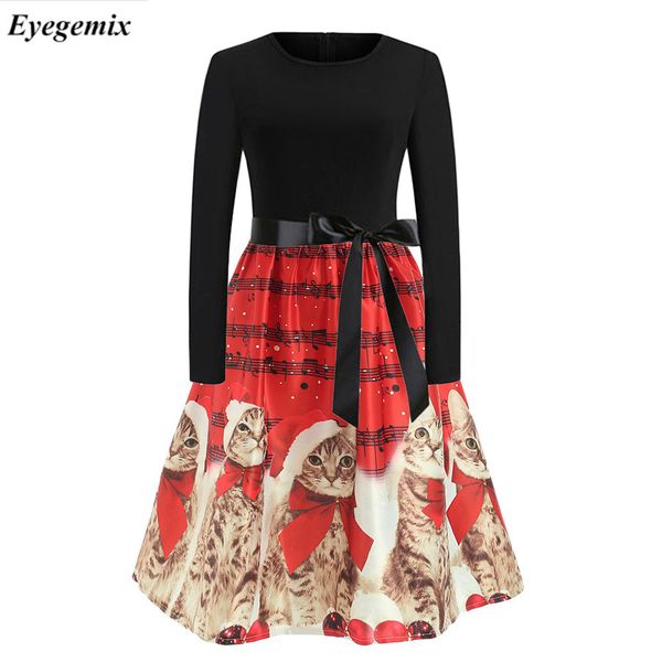 

fashion 2018 animal christmas party dresses for women 50s 60s vintage print cute cat elegant slim long sleeve dresses dress, Black;gray