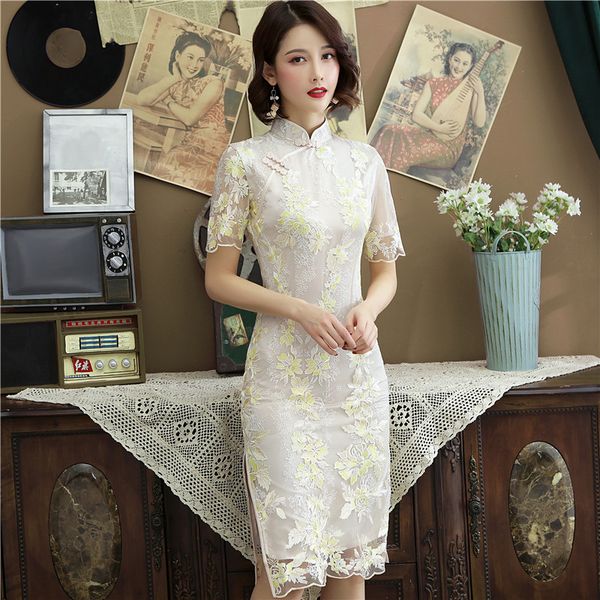 

new lace chinese traditional style cheongsam elegant women' s handmade button dress mandarin collar short dress size s-xxl, Red