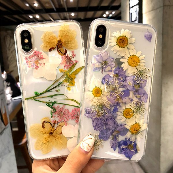 

New epoxy real flower phone ca e tran parent acrylic back cover ca e for iphone x max x 8 7 with opp packaging