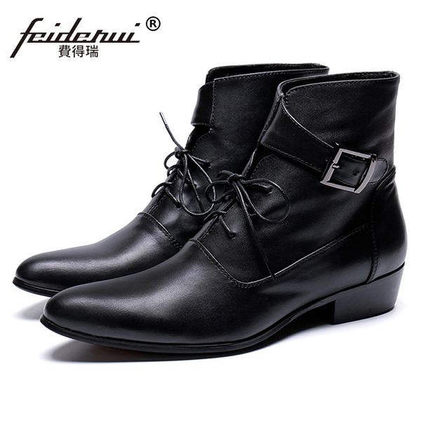 

italian style pointed toe buckle strap man punk rocker shoes genuine leather handmade men's cowboy motorcycle ankle boots sl467, Black