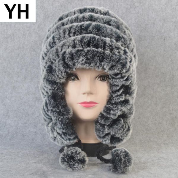 

russian winter real fur earflap hat women knitted genuine rex fur skullies cap diy warm soft rex beanies caps, Blue;gray