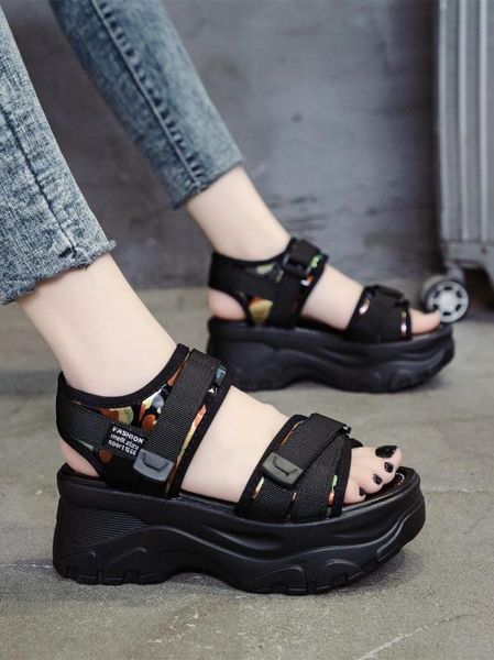 

2020platform shoes women sandals wedge heels shoes height increaming women buckle thick soled beach sandals woman sandal, Black