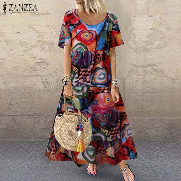 

vintage printed maxi dress women's summer sundress 2020 zanzea casual short sleeve tunic vestidos female floral robe plus size, Black;gray
