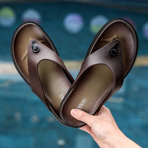 

slippers men shoes 2020 summer mens bathroom slipper male leather beach sandals fashion home slippers non-slip floor flip flops, Black