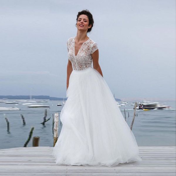 Acheter Tulle Simple Manches Courtes A Ligne V Cou Robe De Mariée Chic Voir Than Lace Top Custom Made Robes De Mariée Robes De Mariée Plage Blanche De