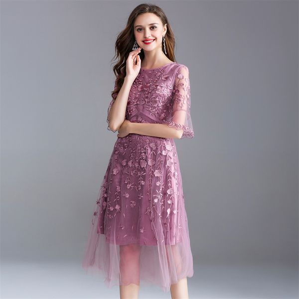 

europe and america 2020 spring new skirt women's round neck embroidery yarn mesh middle sleeve evening dress big swing fairy dress