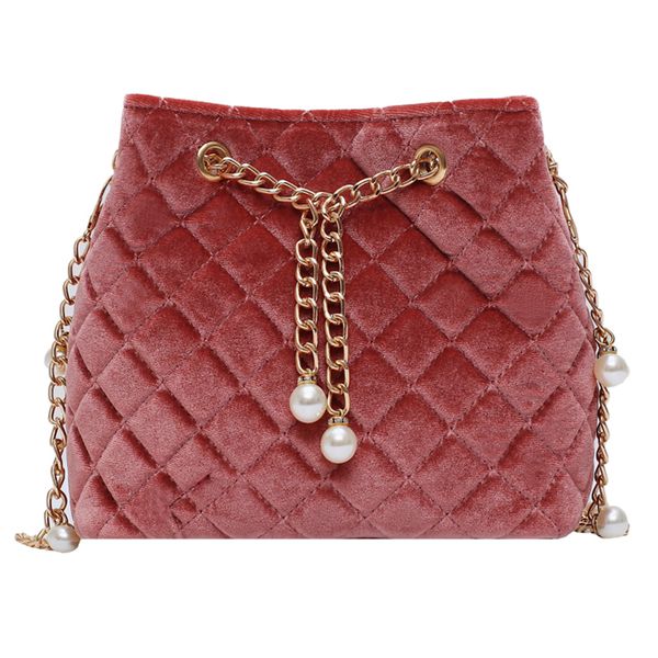 

elegant female plaid bucket bag 2019 fashion new velvet women's designer handbag pearl chain shoulder messenger bag
