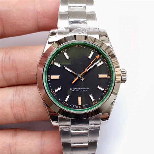 

n factory automatic mechanical movement watch by 40mm904l steel scratch - resistant green crystal mirror glass folding buckle man's wat, Slivery;brown