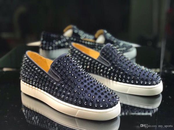 

navy blue suede fashion shoes red bottom men's spiked pik boat shoes loafers roller-boat trainers,luxurious italy brand red sole sneake, Black