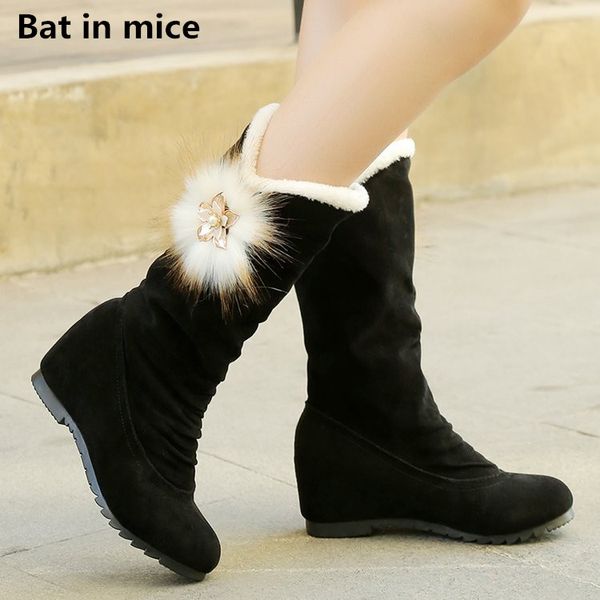 

special winter women snow boots women warm fur slip on flats shoes casual mid calf boots mujer size 38 w011, Black