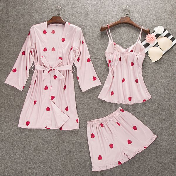 

women silk satin robe pajama set 3 pieces print strawberry cute sleepwear set summer bathrobe fashion nightwear, Blue;gray