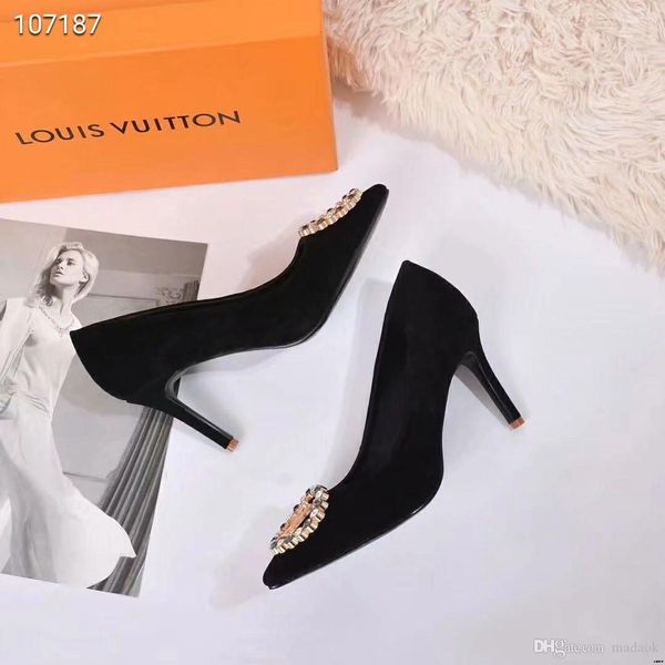 

19fw fashion big size 34-41 women nude color high thin heels pumps brands slip on pointed toe suede dress shoes yecq5, Black
