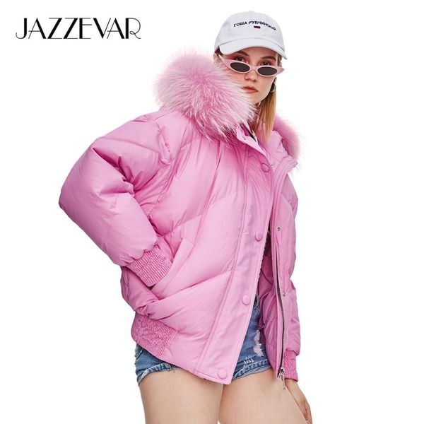 

jazzevar 2019 winter new fashion street designer brand womens short duck down jacket cute girls color fur outerwear z18004, Black