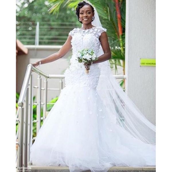 

sheer jewel neck african mermaid wedding dresses 2019 cap sleeve 3d floral full length garden church bridal gowns wedding dresses, White