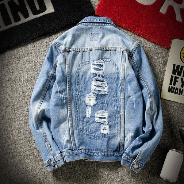 

осень новая джинсовая куртка мужская мода мыть сплошной цвет рваная дыра джинсовая куртка человек уличная дикий хип-хоп свободный бомбардиро, Black;brown