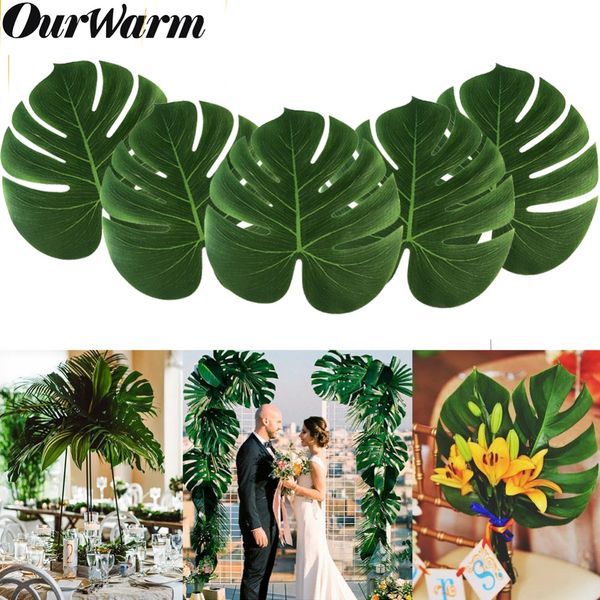 

ourwarm 12pcs artificial palm leaves for wedding simulation leaf tropical palm leaves hawaiian luau theme party decor 35*29cm