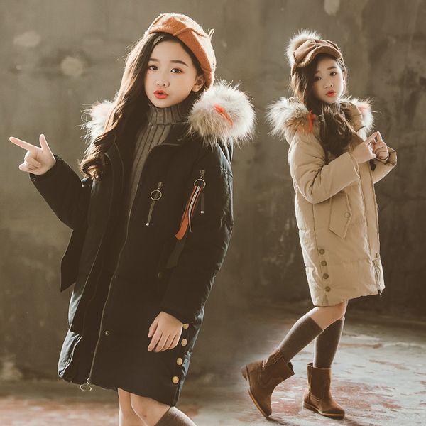 

4-15y girls winter jacket fur collar clothes kids warm cotton padded long coats for girls parka winter children's thick outwears, Blue;gray
