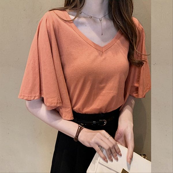 

1099 иностранных стиль листьев лотоса рукав t- женщин свободный v-образным вырезом половины рукав футболка белая куртка куртка база рубашка, White