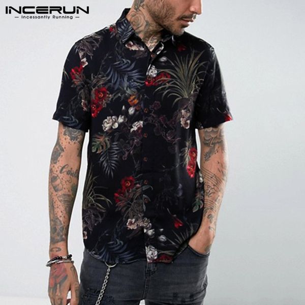 

summer male social men clothes 2019 hawaiian men tee beach shirt casual shirts dress loose vacation lapel button chemise women, White;black