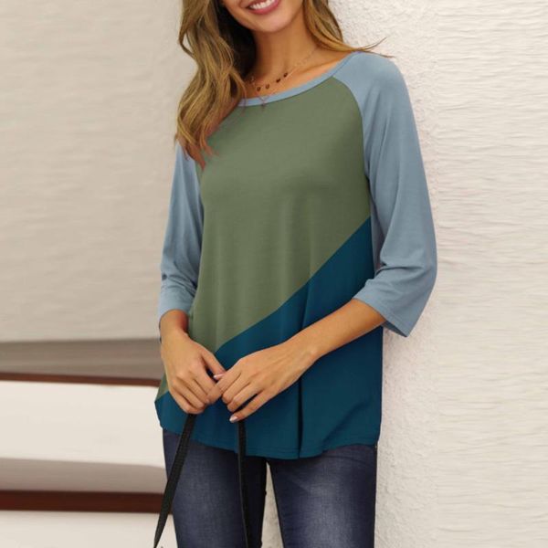 

women simple casual t-shirt wild women's round neck color matching mid-sleeved pullover t-shirt colorblock women, White