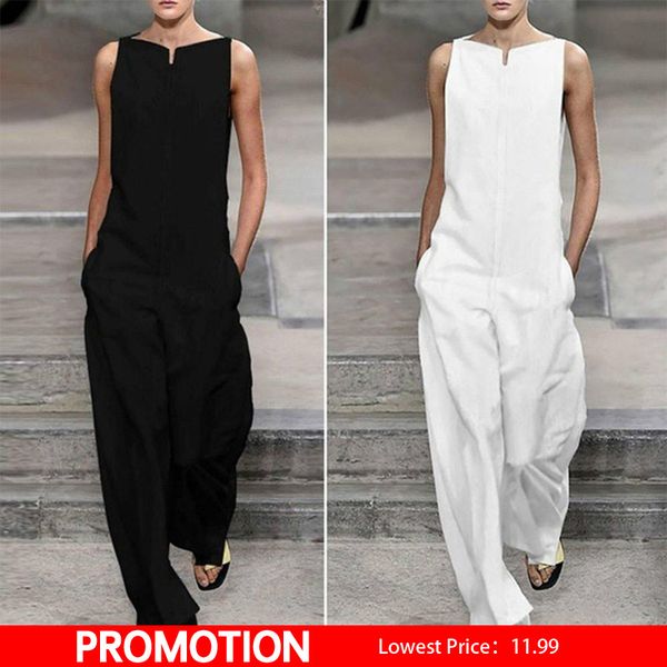 

женская без рукавов широкие ноги комбинезон комбинезон белый слэш шеи свободные комбинезоны женщины 2019 лето новый уличная спецодежда женщи, Black;white