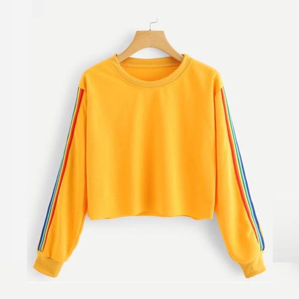 

3 colors harajuku rainbow striped hoodies women patchwork long sleeve o-neck loose crop sweatshirt, Black