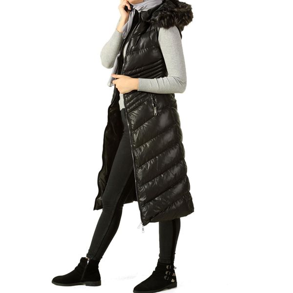 

hooded down vest with fur, Black;white