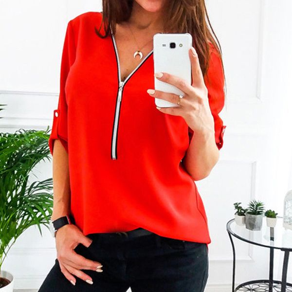 

naiveroo women chiffon blouse v collar zipper roll up long sleeves loose shirt blusa feminina vestidos plus size 3xl, White