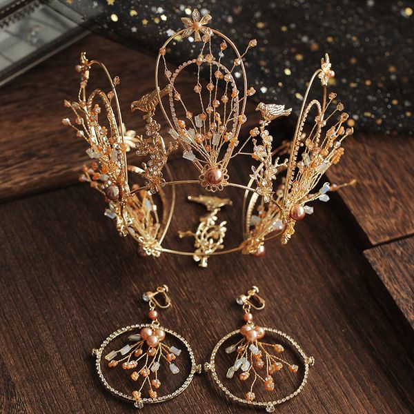 

ювелирные изделия новый золотой кристалл корона барокко диадема с серьгами люкс свадебные оголовье hairband tiara аксессуары для волос шиньо, Golden;white