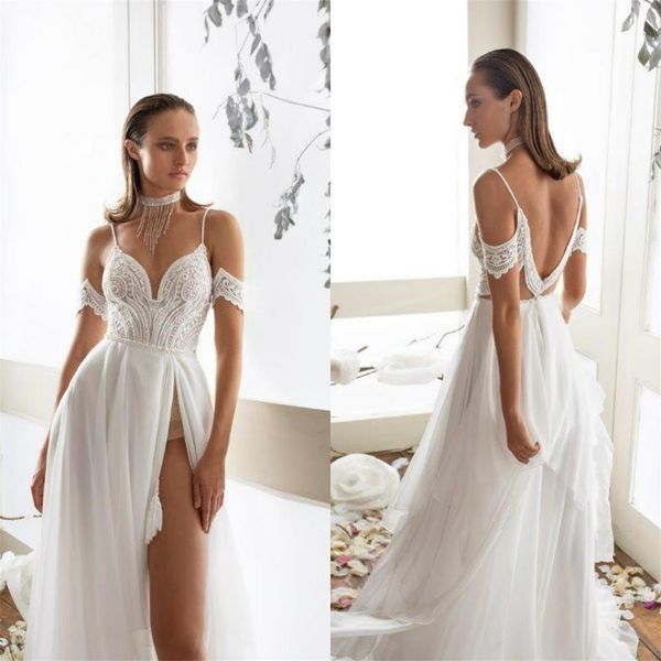 lace summer beach wedding dresses spaghetti backless high side split wedding dress appliqued a line custom made vestidos de novia, White