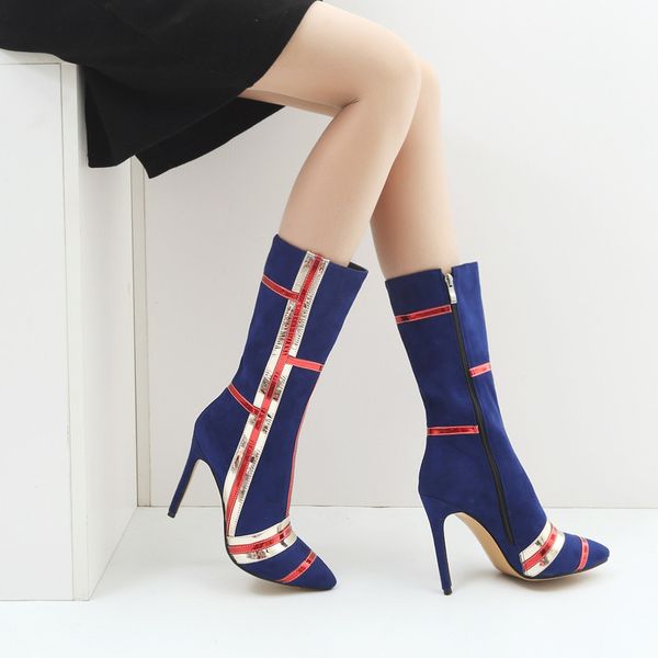 

ymechic europe fashion bling glitter plaid mid calf high heels woman boots black blue ladies shoes knight boots plus size