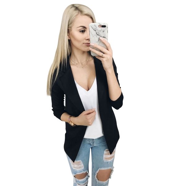 

women fashion long sleeve suit collar blazer ladies office casual solid color slim open front cardigan thin jacket outwear bl, White;black