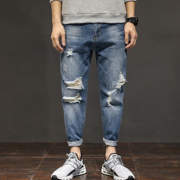 

idopy fashion men's straight fit jeans ripped distressed holes stretch denim pants blue vintage washed jean trousers for men