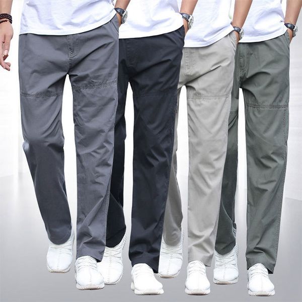 

autumn thin men's casual pants 100% cotton loose straight solid overall mid waist tether sportswear pockets m-5xl, Black