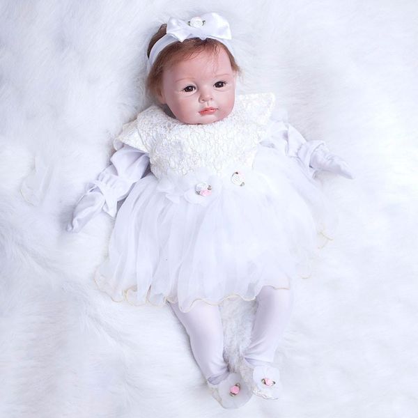 

22 inch newborn dolls lifelike bebe 55cm reborn dolls white dress princess silicone baby realistic doll kids playmates y191207