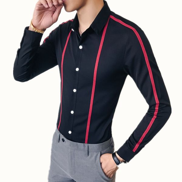 

ribbon striped men's shirt long sleeve slim 2020 new men's social club shirt casual business dress party top, White;black