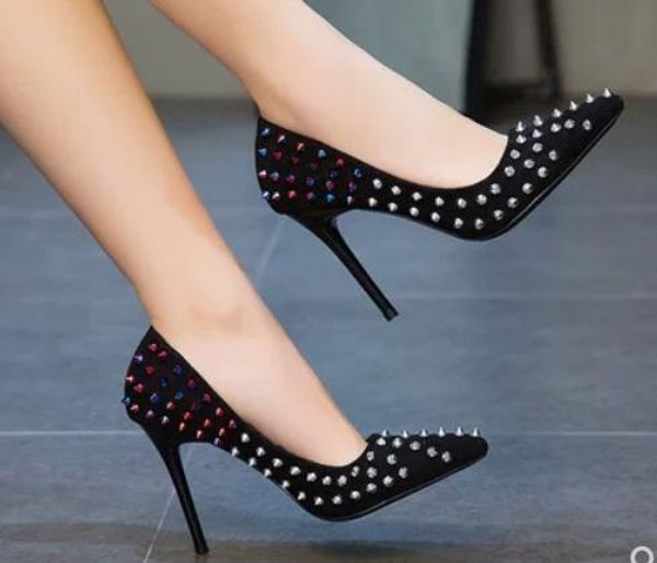 

2019 rivet suede women's shoes in spring and autumn with new style high heel fine heel pointed end, Black