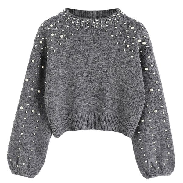 

zaful mock neck faux pearl sweater women pullovers korean style female long sleeve wrap front loose pullover jumper with pearls, White;black