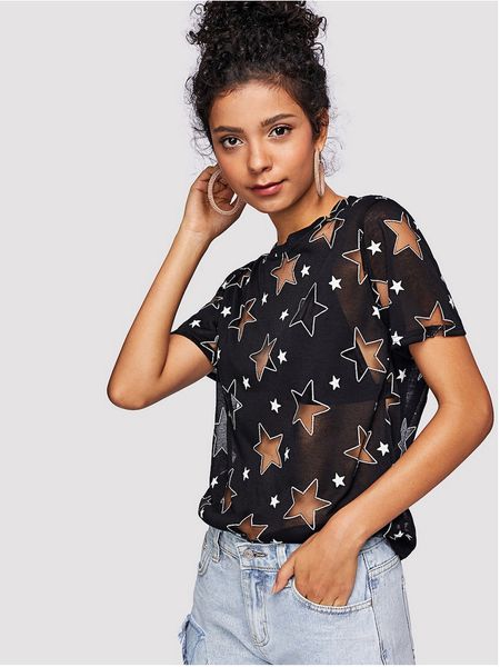 

designer womens t-shirt luxury womens short sleeve new brand hollowed-out t-shirt with stars casual cute style size s-xl wholesales, White