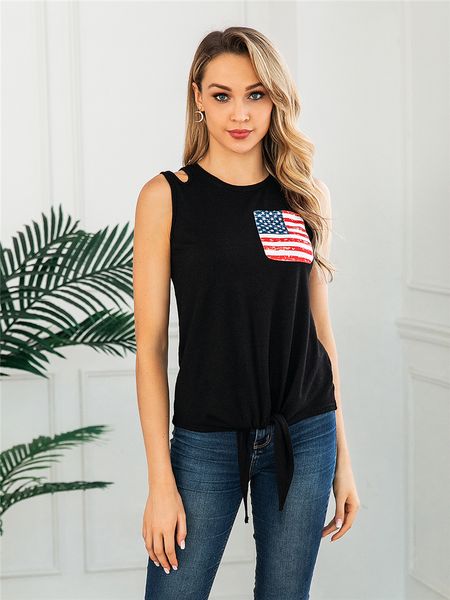 

женские американский флаг топы без рукавов лето повседневная круглый вырез блузка простые рубашки камзол топы с карманом, White