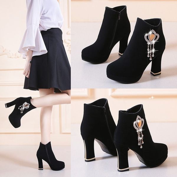 

winter boots lady boots-women shoes booties ladies luxury designer round toe lace up 2020 2019 med rubber autumn fashion ankle, Black