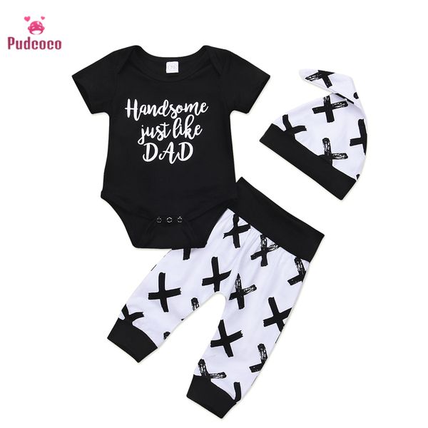 

pudcoco toddler kids baby boy 3pcs clothes set like dad letter newborn infant boys cotton romper pants outfits clothing, White
